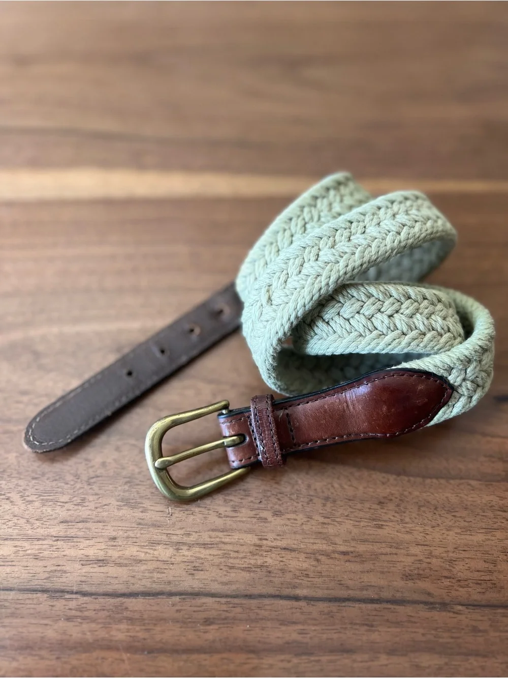 Men's Woven Braided Belt in Light Sage with Brown Leather Trim
